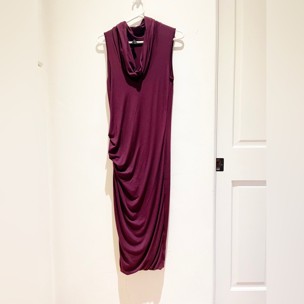 Sen sleeveless midi dress in purple. Cowl neckline.